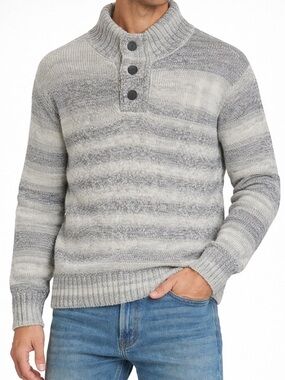 Men's Grey Striped Turtleneck Button Sweater